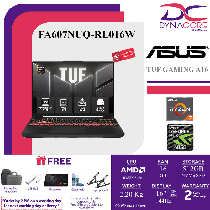 ASUS TUF GAMING A16 FA607NUQ-RL016W LAPTOP (RYZEN 7 170 8C/16GB RAM/512GB/RTX4050-6GB/16"FHD 144Hz/W11H) - FA607NUQ-RL016W