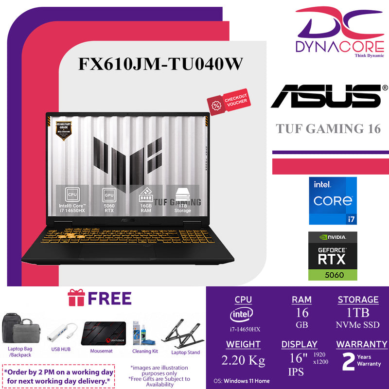 ASUS TUF GAMING 16 FX610JM-TU040W LAPTOP (i7-14650HX 16C/16GB RAM/1TB/RTX5060-8GB/16"FHD 144Hz/W11H) - FX610JM-TU040W