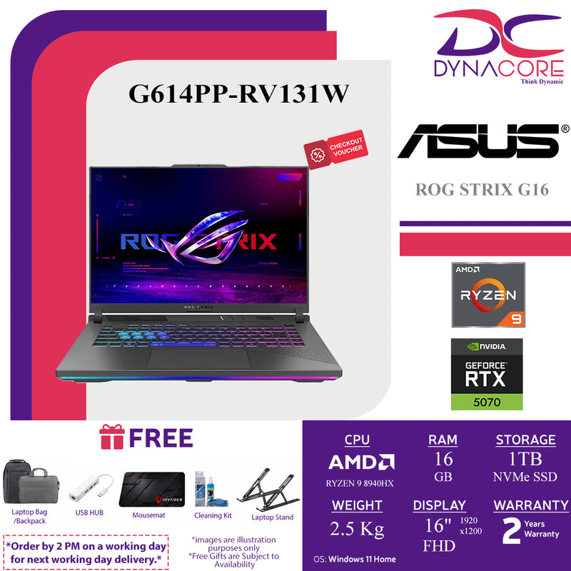 ASUS ROG STRIX G16 G614PP-RV131W ( RYZEN 9 8940HX/16GB X1 RAM/1TB SSD/RTX5070-8GB/16"FHD/W11H) - G614PP-RV131W