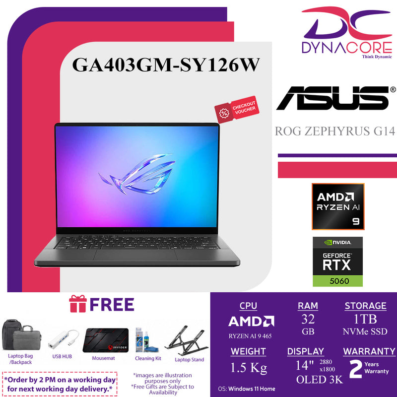 ASUS ROG ZEPHYRUS G14 GA403GM-SY126W (AMD RYZEN AI 9 465 10C/32GB LP-RAM/1TB/14"OLED 3K- ECLIPSE GRAY/RTX5060-8GB/WIN11H) - GA403GM-SY126W