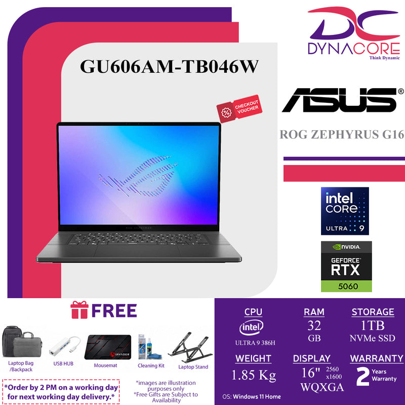 ASUS ROG ZEPHYRUS G16 GU606AM-TB046W ( ULTRA 9 386H/32GB LP-RAM/1TB SSD/RTX5060-8GB/16"2.5K/W11H) - GU606AM-TB046W