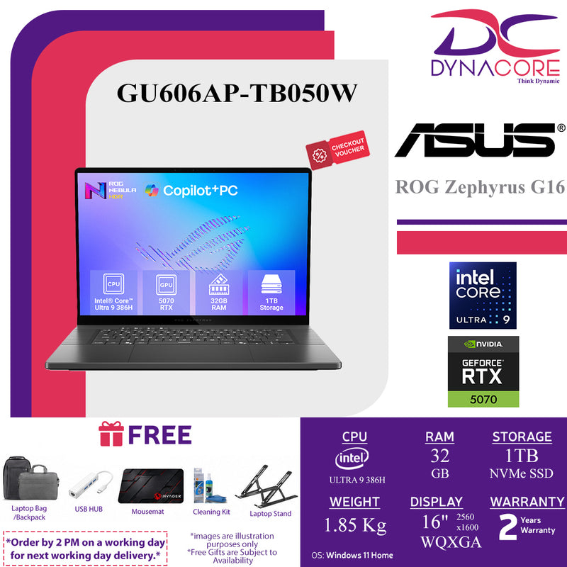 ASUS ROG ZEPHYRUS G16 - GU606AP-TB050W 16IN 2.5K OLED ULTRA 9 386H 32GB RAM 1TB SSD RTX 5070 WIN 11 HOME - GU606AP-TB050W