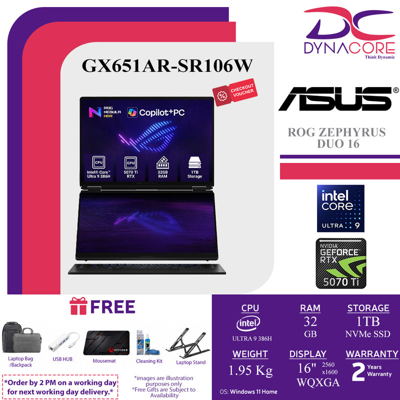 ASUS ROG ZEPHYRUS DUO 16 GX651AR-SR106W TOUCH ( ULTRA 9 386H/32GB LP-RAM/1TB SSD/RTX5070Ti-12GB/16"3K /W11H) - GX651AR-SR106W