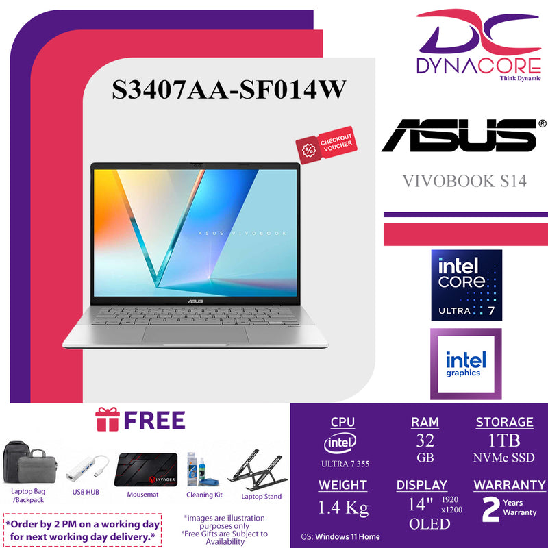 ASUS VIVOBOOK S14 S3407AA-SF014W (ULTRA 7 355 8C/32GB(16X2)/1TB/INTEL/14"OLED FHD-COOL SILVER/WIN11H) - S3407AA-SF014W