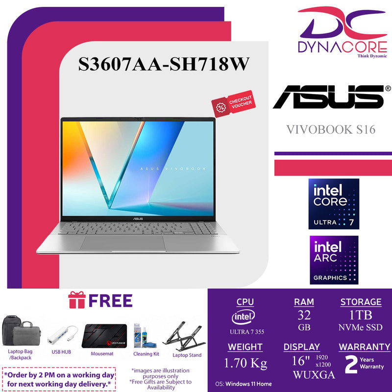 ASUS VIVOBOOK S16 S3607AA-SH718W (ULTRA 7 355 8C/32GB(16X2)/1TB/ ARC/16"OLED-WUXGA-COOL SILVER/WIN11H) - S3607AA-SH718W