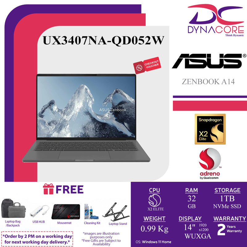 ASUS ZENBOOK A14 UX3407NA-QD052W (SNAPDRAGON X2 ELITE 18C X2E88100/32GB LP-RAM/1TB/ADRENO/14"OLED-WUXGA-ICELAND GRAY/W11H) - UX3407NA-QD052W
