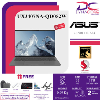 ASUS ZENBOOK A14 UX3407NA-QD052W (SNAPDRAGON X2 ELITE 18C X2E88100/32GB LP-RAM/1TB/ADRENO/14"OLED-WUXGA-ICELAND GRAY/W11H) - UX3407NA-QD052W
