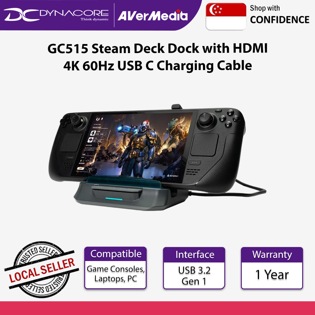 Avermedia GC515 Steam Deck Dock with HDMI 4K 60Hz USB C Charging Cable - GC515