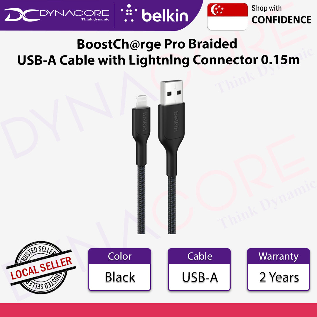 Belkin CAA020fq0MBK BoostCh@rge Pro Braided USB-A Cable with Lightnlng Connector 0.15m (Black) - 745883915941