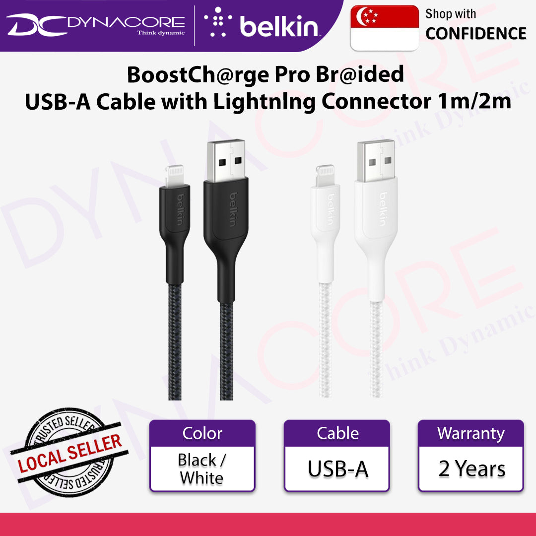 Belkin BoostCharge Pro Braided USB-A Cable with Lightning Connector 1m/2m - (Black/White)
