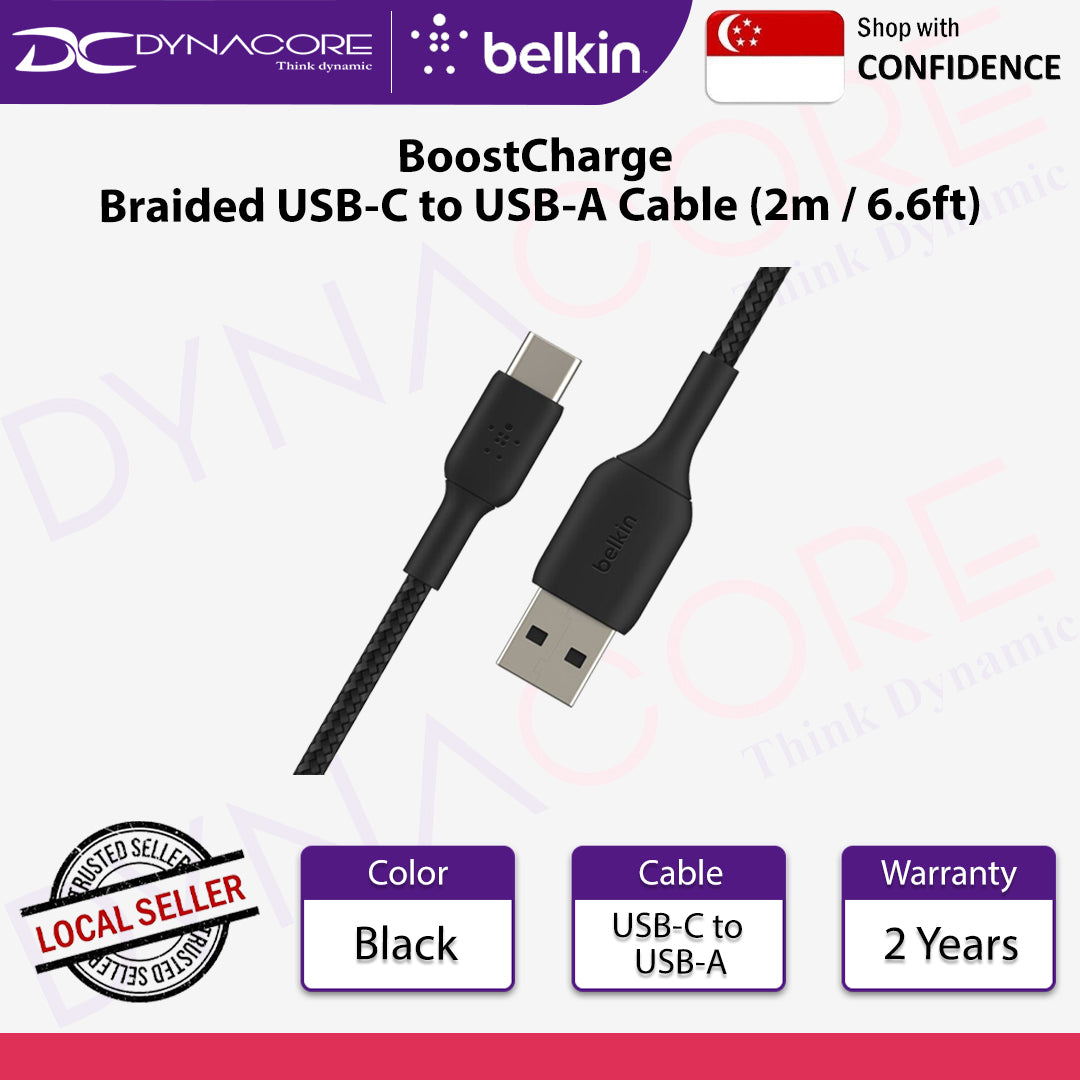 Belkin CAB002bt2MBK BoostCharge Braided USB-C to USB-A Cable 2m/6.6ft (Black) - 745883788583