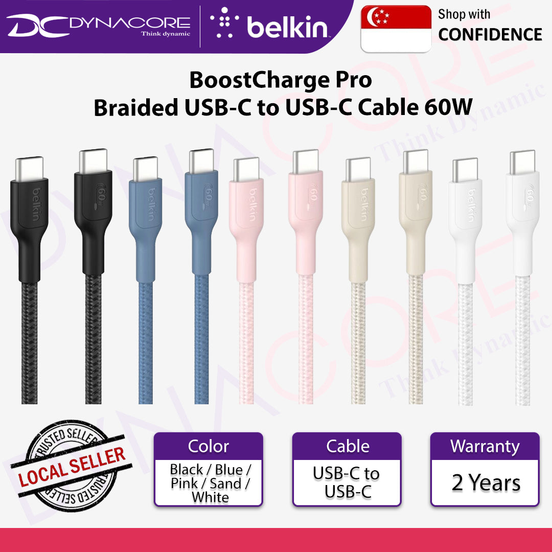 Belkin BoostCharge Pro Braided USB-C to USB-C Cable 60W - 1M (Black/Blue/Pink/Sand/White)