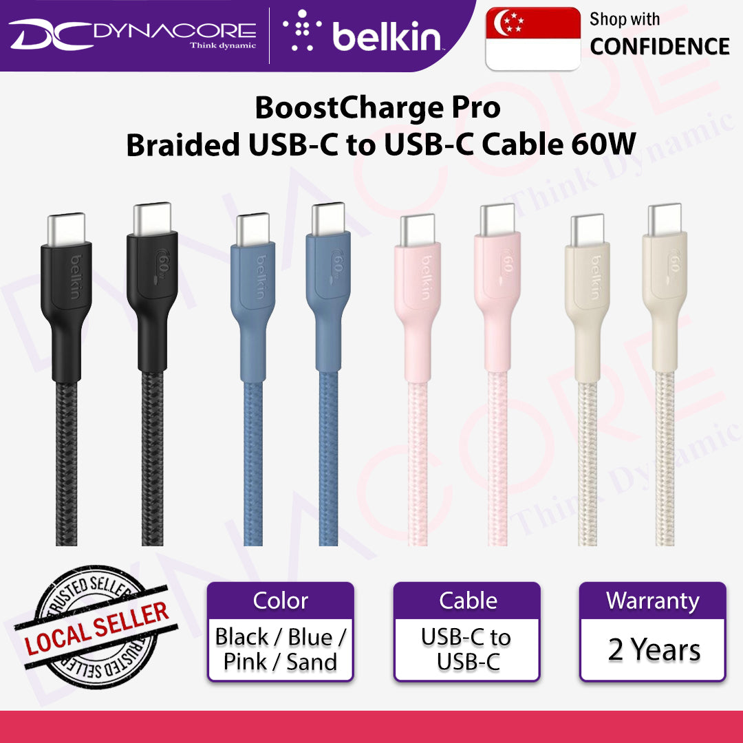 Belkin BoostCharge Pro Braided USB-C to USB-C Cable 60W - 2M (Black/Blue/Pink/Sand)
