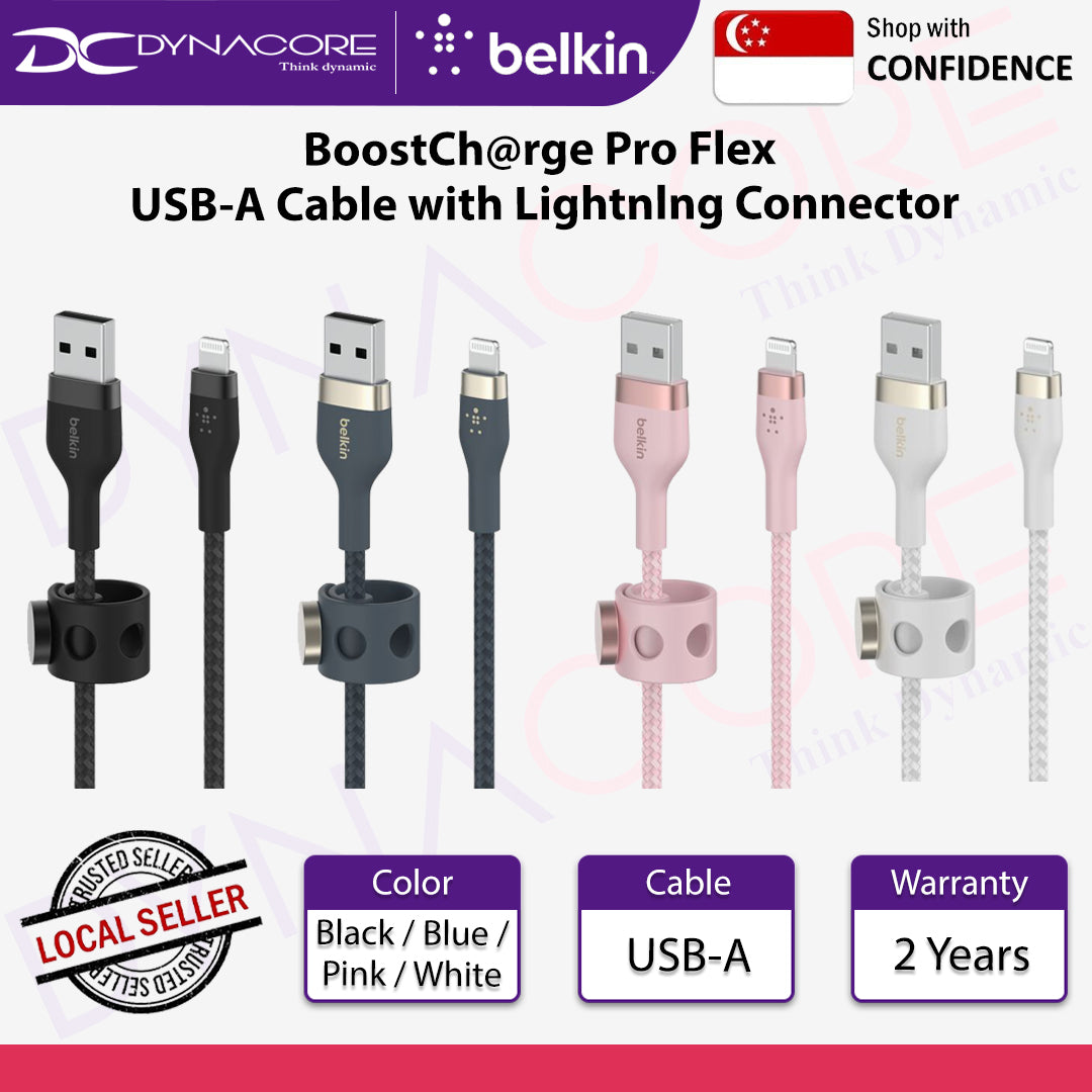 Belkin BoostCharge Pro Flex USB-A Cable with Lightning Connector - (Black / Blue / Pink / White)