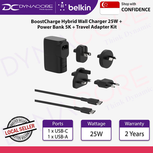 Belkin BPZ003bt1MBK-B6 BoostCharge Hybrid Wall Charger 25W + Power Bank 5K + Travel Adapter Kit