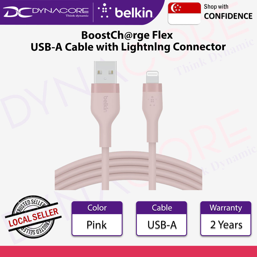 Belkin CAA008bt1MPK BoostCharge Flex USB-A Cable with Lightning Connector - (Pink) - 745883831890