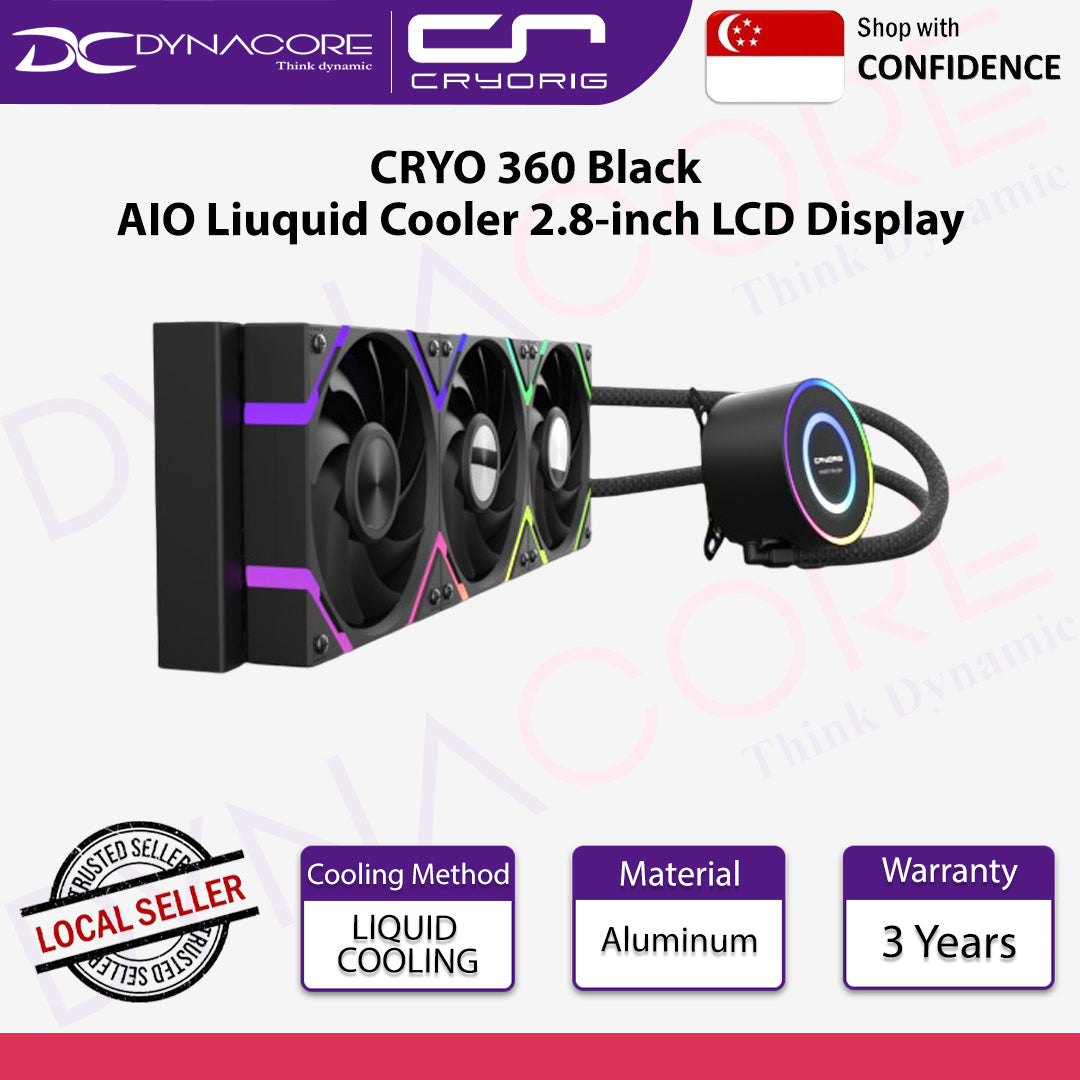 CRYORIG CRYO 360 Black AIO Liuquid Cooler, 2.8-inch LCD Display, 360mm ARGB Water Cooling, High-Performance Pressure Fan - CRYORIGCRYO360
