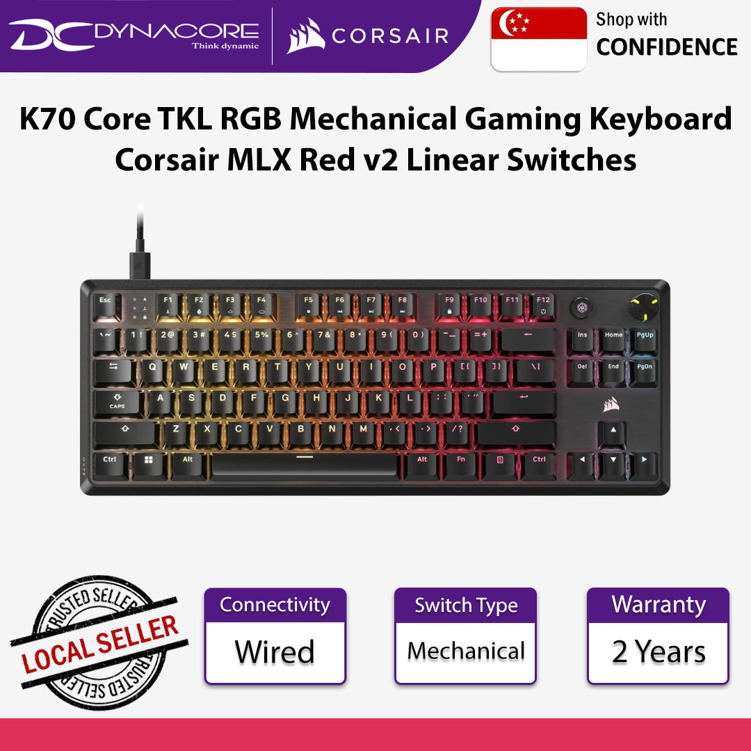 Corsair K70 Core TKL RGB Mechanical Gaming Keyboard Corsair MLX Red v2 Linear Switches - 840006678786