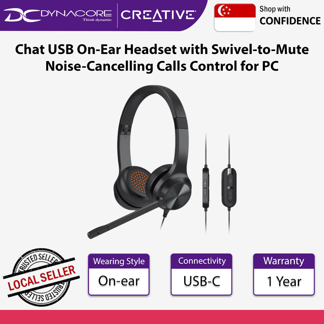 Creative Chat USB On-Ear Headset with Swivel-to-Mute Noise-Cancelling Boom Mic Playback and Calls Control for PC - 54651194830