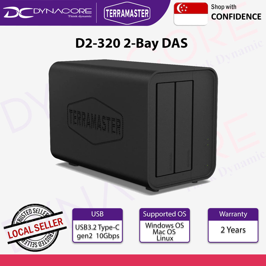 TERRAMASTER D2-320 2-Bay DAS Enclosure - 2Bay USB3.2 Gen2 10Gbps RAID 0/1/JBOD/SINGLE