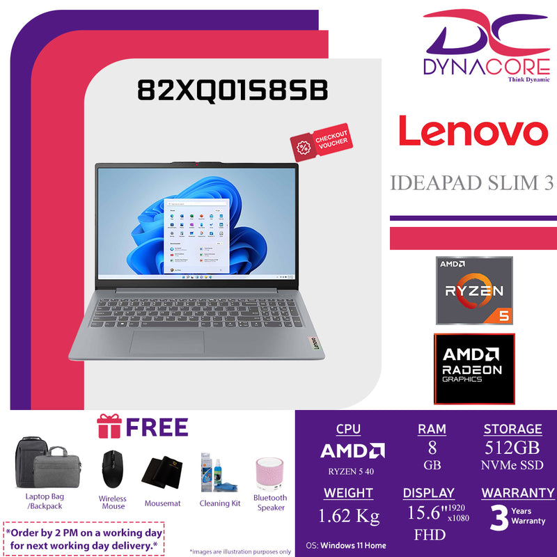 LENOVO IDEAPAD SLIM 3 82XQ01S8SB (RYZEN 5 40 4C/8GB RAM LPDDR5-5500Mhz/512GB SSD/AMD 610M/15.6"FHD/WIN11H/USB-C PD 45-65W) - 82XQ01S8SB