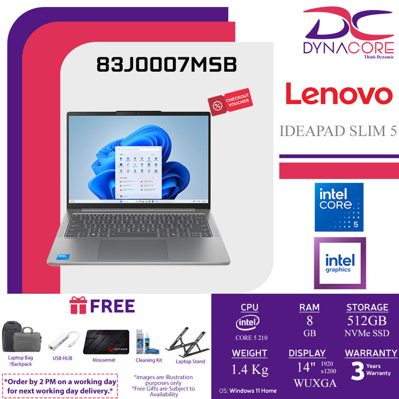LENOVO IDEAPAD SLIM 5 83J0007MSB LAPTOP (CORE 5 210 8C/8GB X1+1s/512GB+1s/INTEL/14"IPS-WUXGA-LUNA GREY/W11H) - 83J0007MSB