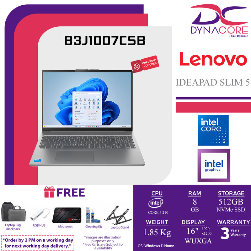 LENOVO IDEAPAD SLIM 5 83J1007CSB LAPTOP (CORE 5 210 8C/8GB X1+1s/512GB+1s/INTEL/16"IPS-WUXGA-LUNA GREY/W11H) - 83J1007CSB