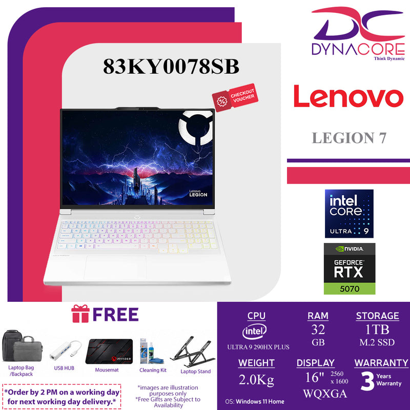 LENOVO LEGION 7 83KY0078SB ( ULTRA 9 290HX PLUS /32GB (16GX2)/1TB SSD+1s/RTX5070-12GB/16" WQXGA W11H/GLACIER WHITE) - 83KY0078SB