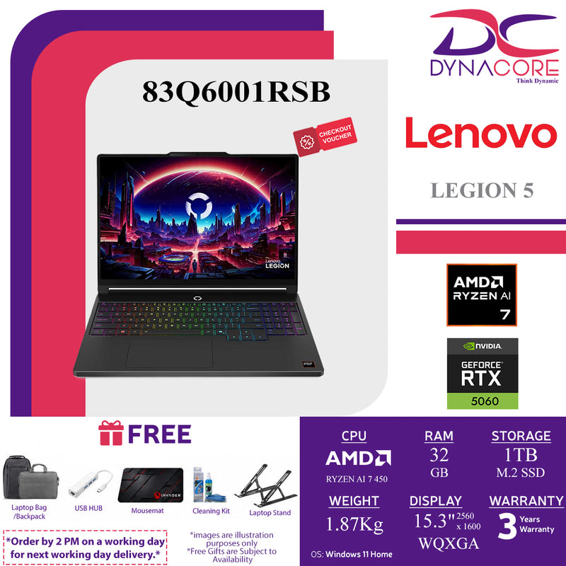 LENOVO LEGION 5 83Q6001RSB (AMD RYZEN AI 7 450 8C/ 32GB RAM (16GX2)/1TB SSD+1s/RTX5060-8GB/15.3"WQXGA-OLED 165Hz ECLIPSE BLACK/WIN11H)  - 83Q6001RSB