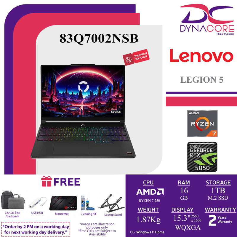 LENOVO LEGION 5 83Q7002NSB (AMD RYZEN 7 250 8C/ 16GB X1 RAM+ 1s/1TB SSD+1s/RTX5050-8GB/15.3"WQXGA-OLED 165Hz ECLIPSE BLACK/WIN11H) - 83Q7002NSB