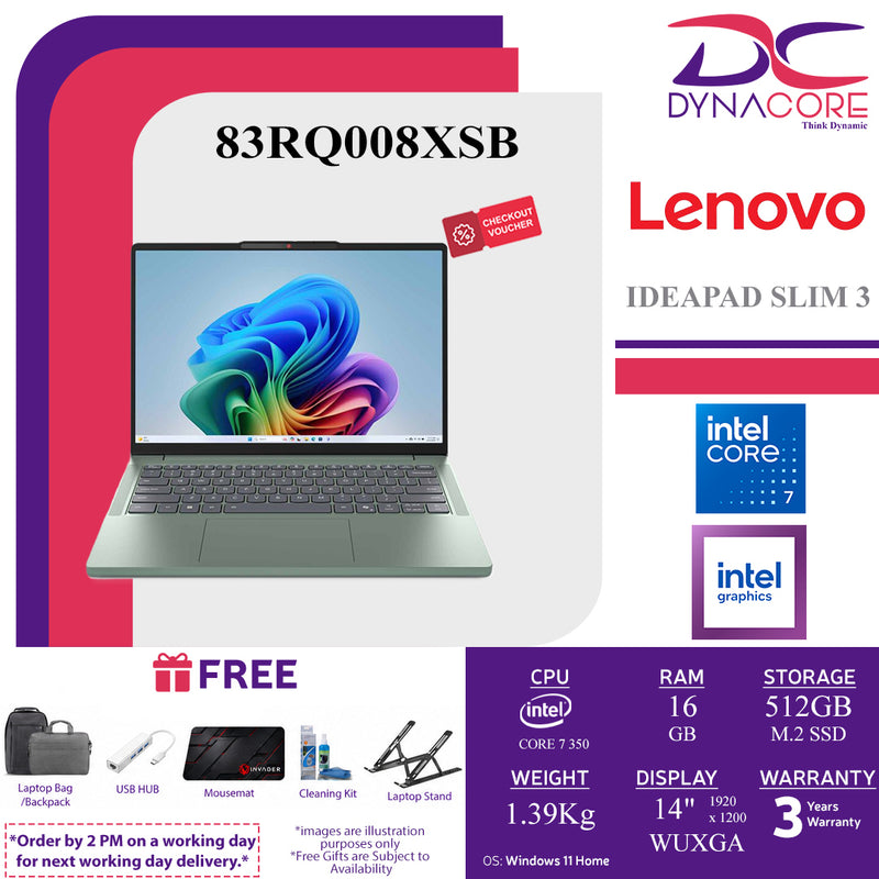 LENOVO IDEAPAD SLIM 3 83RQ008XSB LAPTOP (CORE 7 350 6C/16GB X1+NOs/512GB+NOs/INTEL/14"IPS-WUXGA-BREEZE MOSS/W11H) - 83RQ008XSB