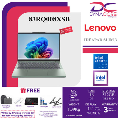 LENOVO IDEAPAD SLIM 3 83RQ008XSB LAPTOP (CORE 7 350 6C/16GB X1+NOs/512GB+NOs/INTEL/14"IPS-WUXGA-BREEZE MOSS/W11H) - 83RQ008XSB