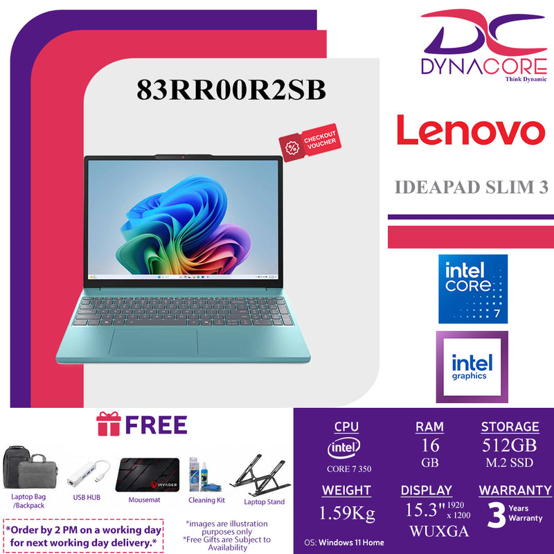 LENOVO IDEAPAD SLIM 3 83RR00R2SB LAPTOP (CORE 7 350 6C/16GB X1+NOs/512GB+NOs/INTEL/15.3"IPS-WUXGA-JELLY MINT/W11H) - 83RR00R2SB