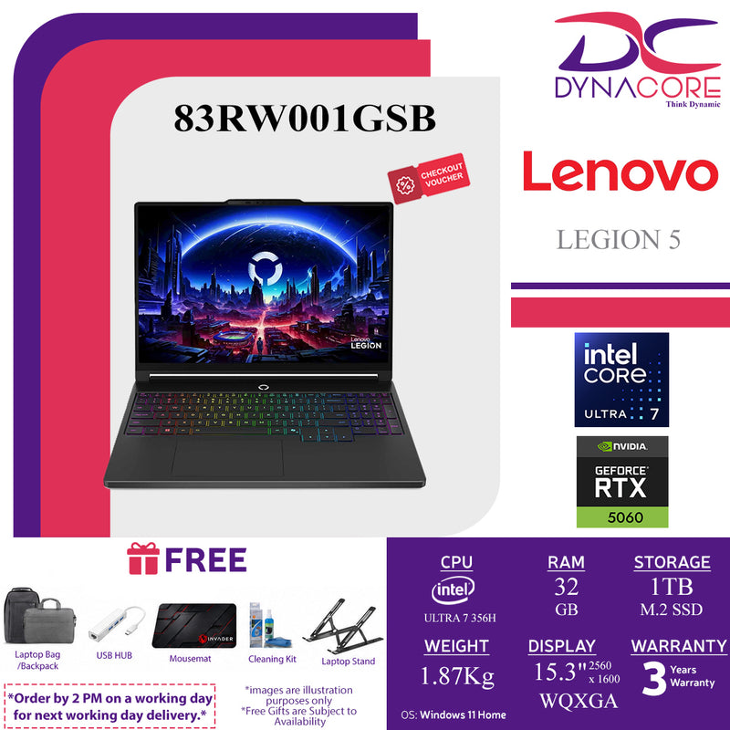 LENOVO LEGION 5 83RW001GSB (ULTRA 7 356H 16C/ 32GB RAM (16GX2)/1TB SSD+1s/RTX5060-8GB/15.3"WQXGA-OLED-ECLIPSE BLACK/WIN11H) - 83RW001GSB