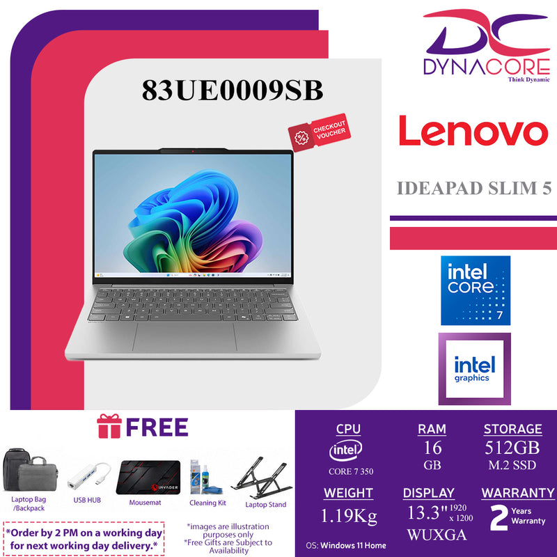 LENOVO IDEAPAD SLIM 5 83UE0009SB (CORE 7 350 /16GB LP-7467 RAM/512GB SSD 2242+NOs/INTEL/13.3"WUXGA-IPS- TOUCH /WIN11H) - 83UE0009SB