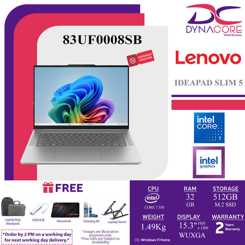 LENOVO IDEAPAD SLIM 5 83UF0008SB (CORE 7 350/32GB LP-7467 RAM/512GB SSD 2242+NOs/INTEL/15.3"WUXGA TOUCH /WIN11H) - 83UF0008SB