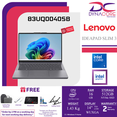 LENOVO IDEAPAD SLIM 3 83UQ0040SB (ULTRA 5 322/16GB X1 RAM+NOs/512GB SSD 2242+1s/UHD/14"IPS WUXGA/WIN11H) - 83UQ0040SB