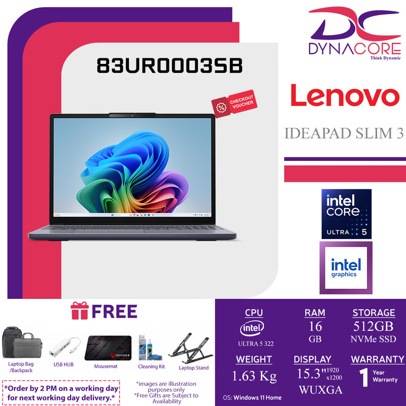 LENOVO IDEAPAD SLIM 3 83UR0003SB (ULTRA 5 322 6C/16GB RAM (8OB+8)/512GB SSD 2242+1s/UHD/15.3"IPS WUXGA/WIN11H/USB-C PD 45-65W) - 83UR0003SB