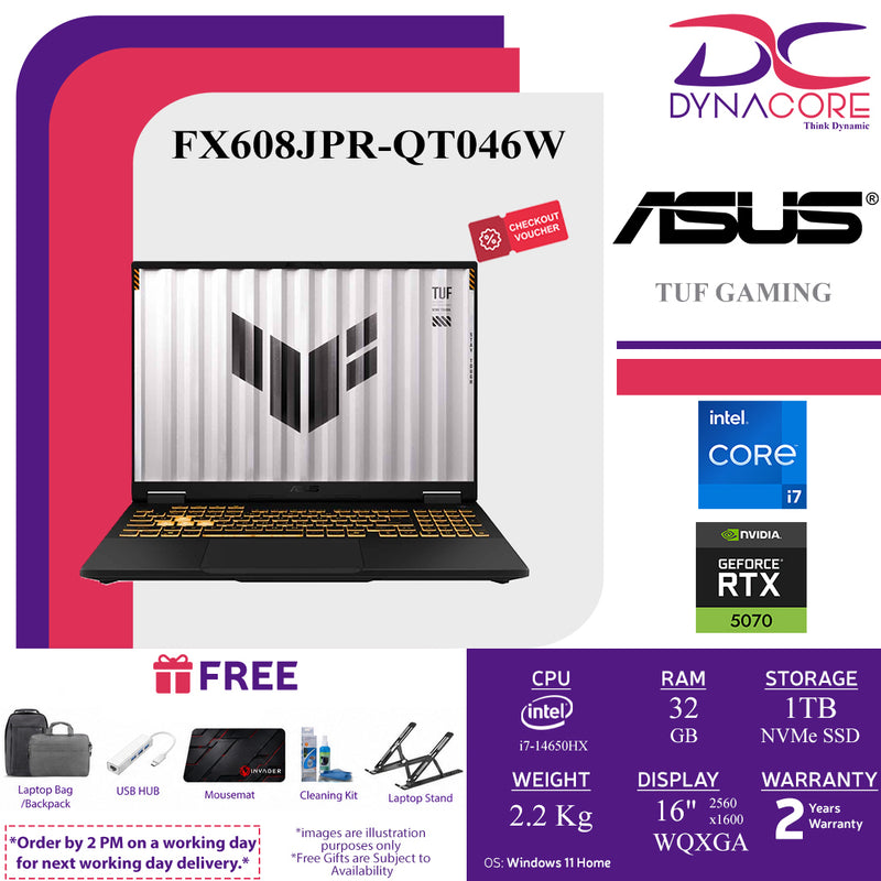 ASUS TUF GAMING FX608JPR-QT046W (i7-14650HX /32GB(16GX2)RAM/1TB SSD/RTX5070-8GB/16"2.5K/W11H) - FX608JPR-QT046W