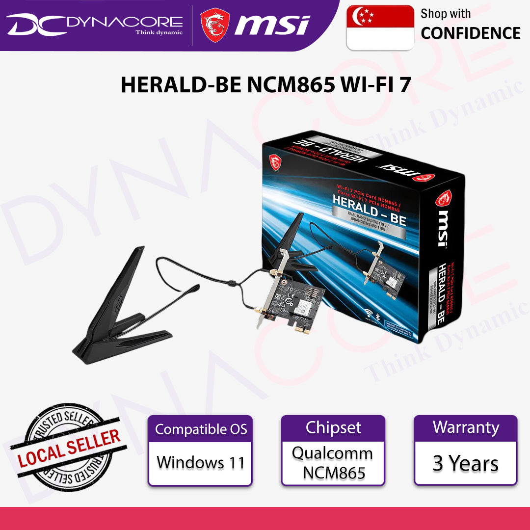 MSI Herald-BE NCM865 WI-FI 7 (Wi-Fi 7, 802.11BE, Bluetooth 5.4, PCIe, Multi-Link Operation Technology, External Antenna) - MSIHERALDBENCM865WIFI7
