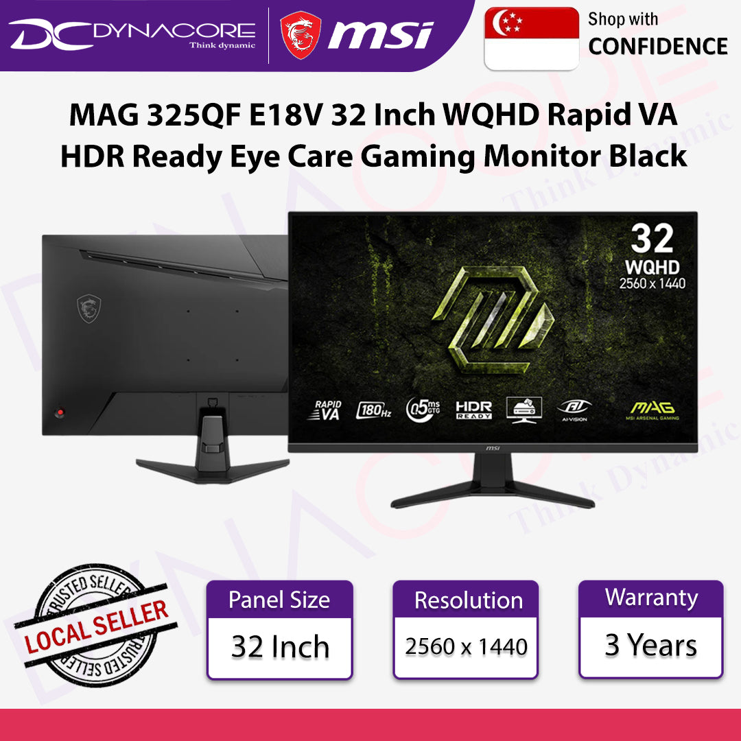 MSI MAG 325QF E18V 32 Inch WQHD Rapid VA 2560 x 1440 180Hz 0.5ms HDR Ready Eye Care Gaming Monitor Black - MSIMAG325QF-E18V