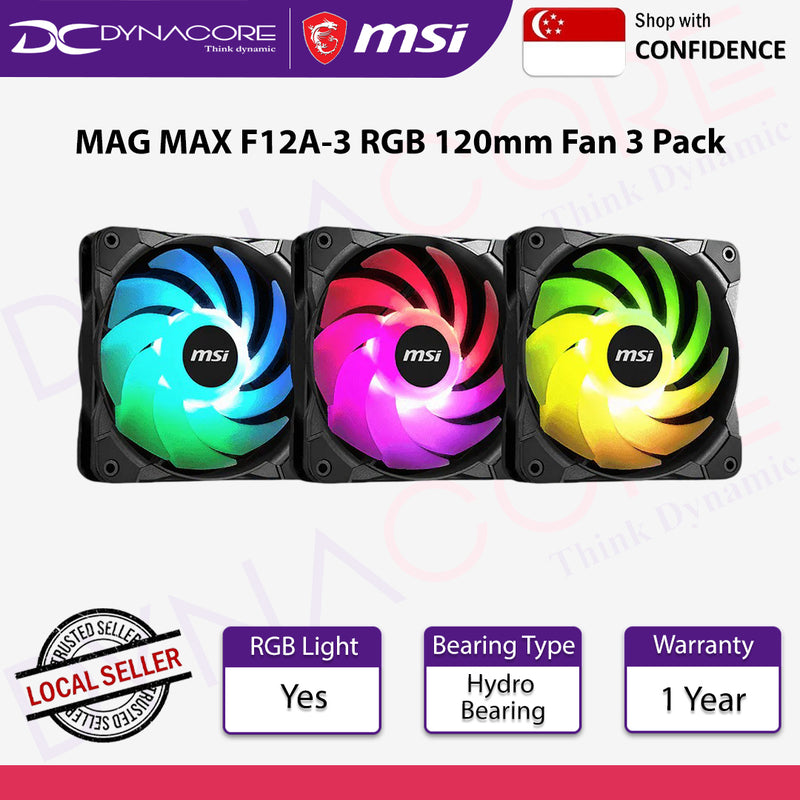 MSI MAG MAX F12A-3 RGB 120mm Fan 3 Pack, A-RGB, Hydro Bearing, 4-pin PWM, Anti-Vibration, Mystic Light Extension - MSIMAGMAXF12A3