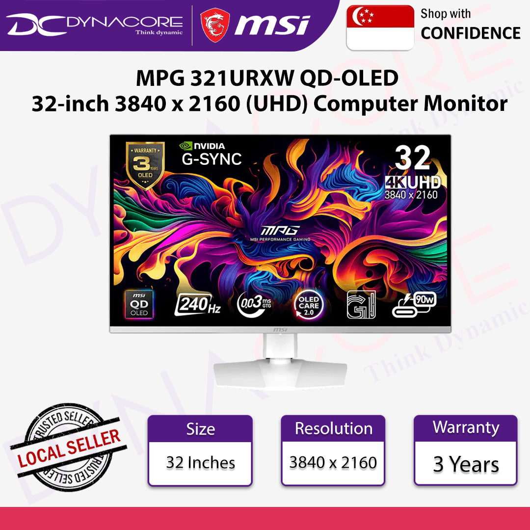 MSI MPG 321URXW QD-OLED 32-inch 3840 x 2160 (UHD) Computer Monitor, 240Hz, Adaptive-Sync, Speaker, 0.03ms, White - MSIMPG321URXWQDOLED
