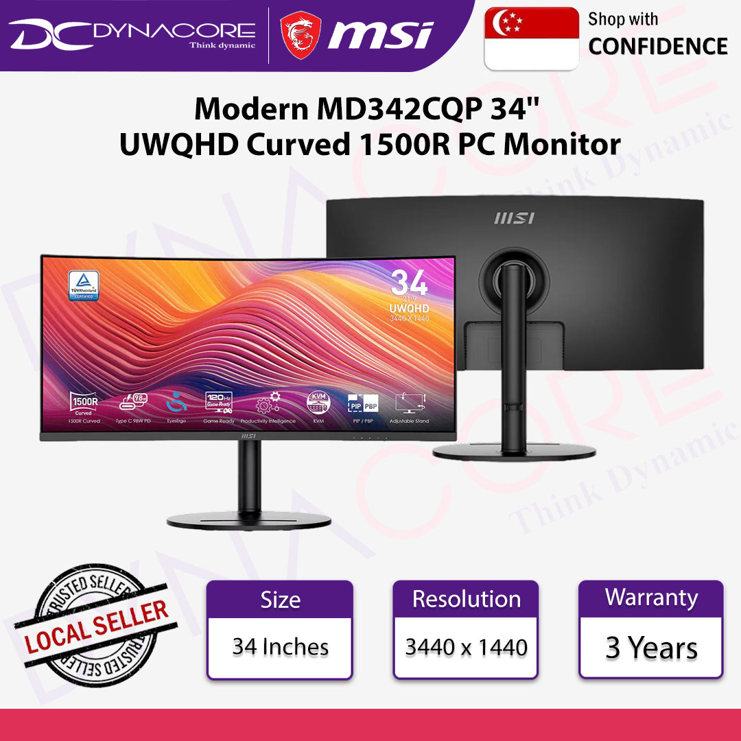 MSI Modern MD342CQP 34'' UWQHD Curved 1500R PC Monitor VA Panel, Eye Comfort, Built-in Speakers, 3-Axis Adjustable - MSIMD342CQP