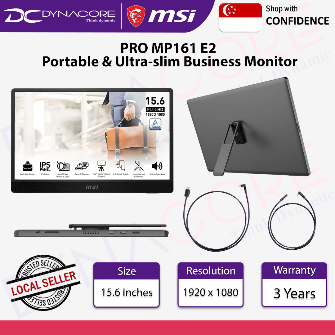 MSI PRO MP161 E2 15.6 inch Portable & Ultra-slim Business Monitor, IPS Panel, Full HD 1920 x 1080, 60Hz, Metal Gray - MSIPROMP161E2