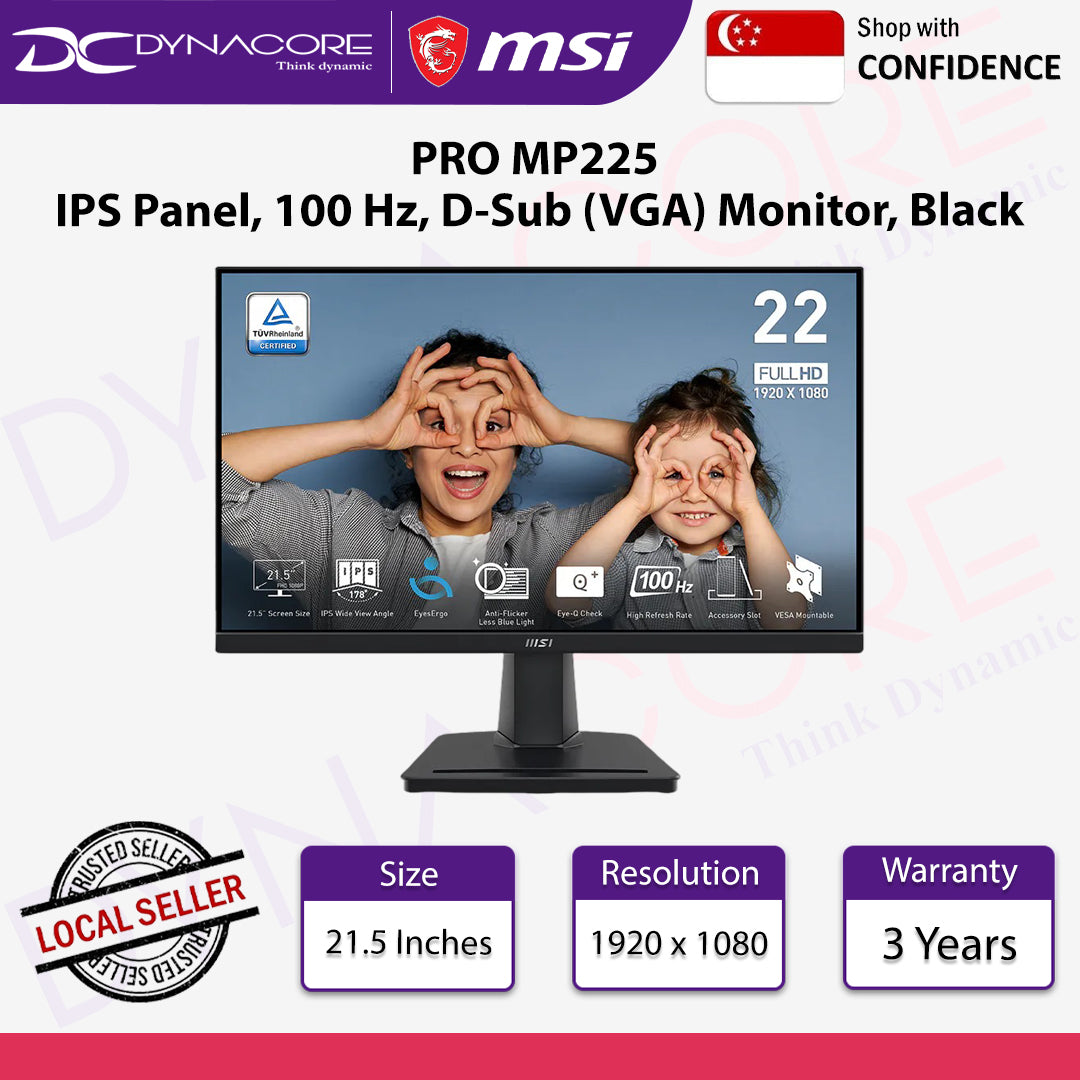 MSI PRO MP225 21.5 Inch, Full HD, 100 Hz, Eye-Friendly Screen, Tilt-Adjustable, D-Sub (VGA) Monitor, Black - MSIPROMP225