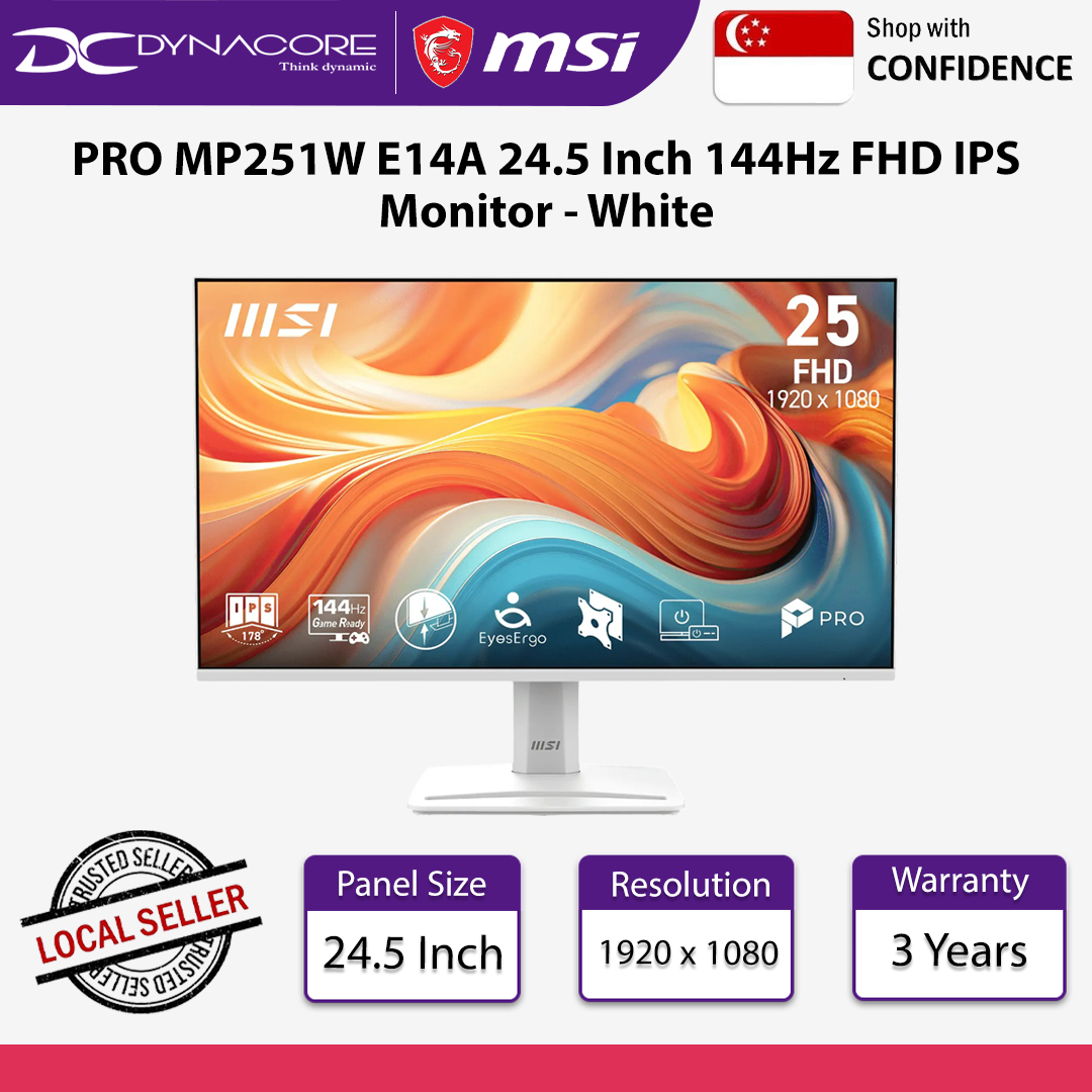 MSI PRO MP251W E14A 24.5 Inch 144Hz 1ms MPRT 4ms GtG FHD IPS Monitor White - MSIPROMP251WE14A