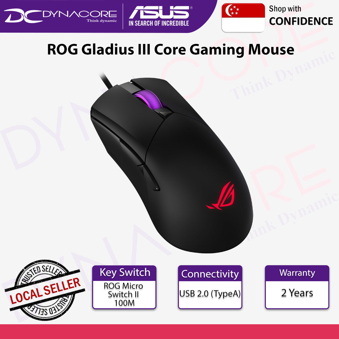 The ROG Gladius III Core is a 72-gram wired gaming mouse with an ergonomic shape - 199291014015