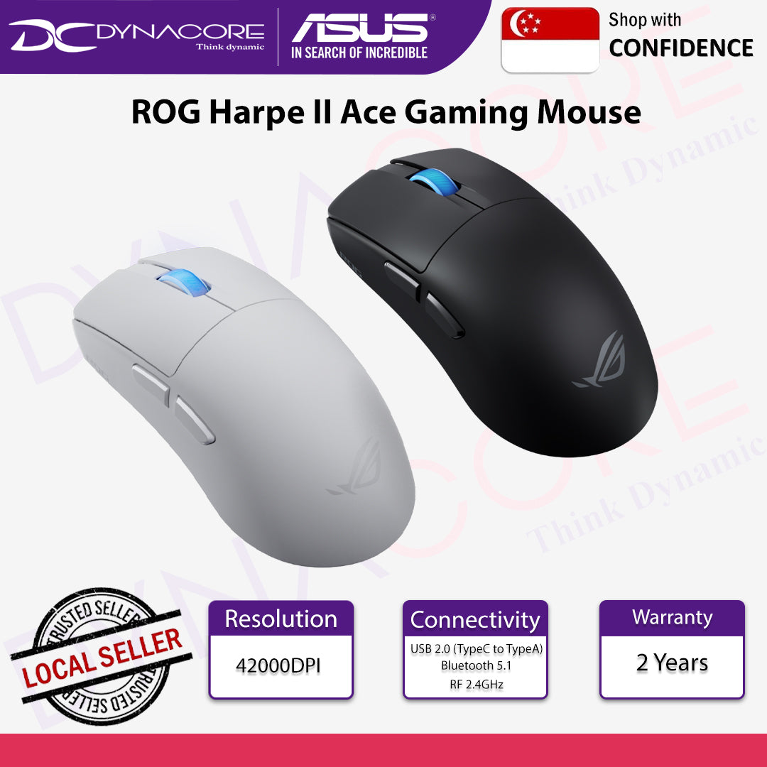 The ROG Harpe II Ace is an ultralight 48-gram semi-symmetrical gaming mouse Black and White
