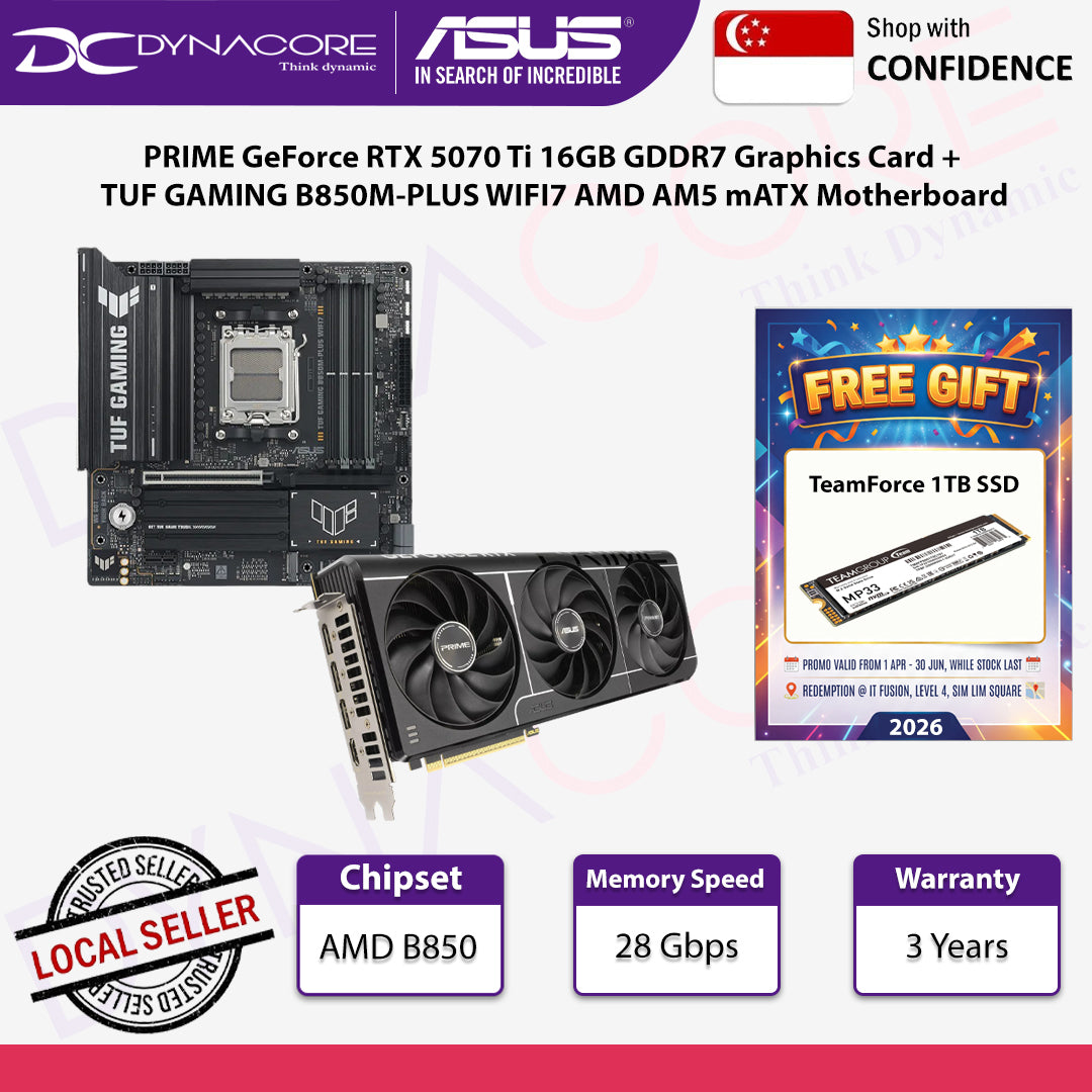 [FREE 1TB SSD] ASUS PRIME GeForce RTX 5070 Ti 16GB GDDR7 Graphics Card + TUF GAMING B850M-PLUS WIFI7 AMD AM5 mATX Motherboard